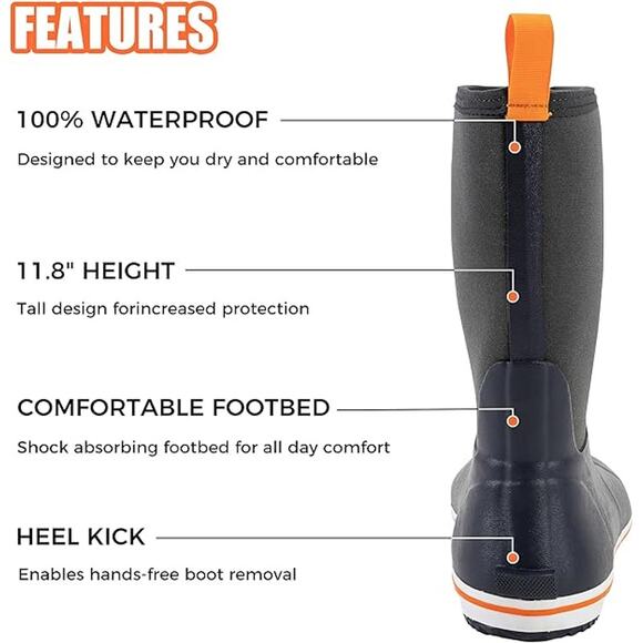 Ubon Mens Size 12 Navy Blue Pull On Waterproof Fishing NonSlip Rubber Rain Boots - Picture 4 of 6